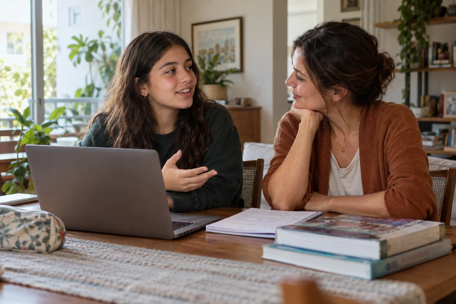 Mãe e filha adolescente conversando juntas à mesa de estudo