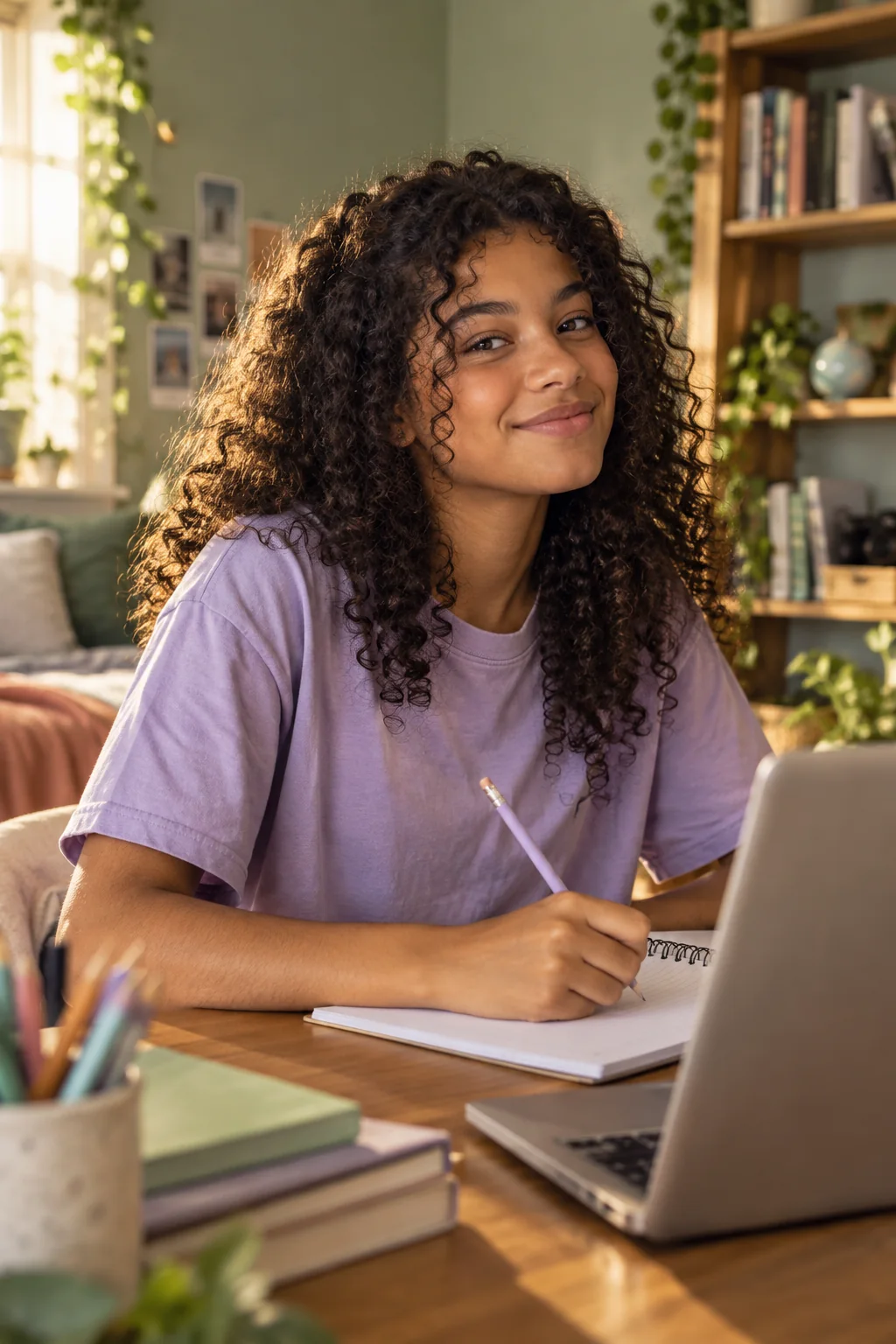 Adolescente de cabelo cacheado estudando com notebook e caderno em casa