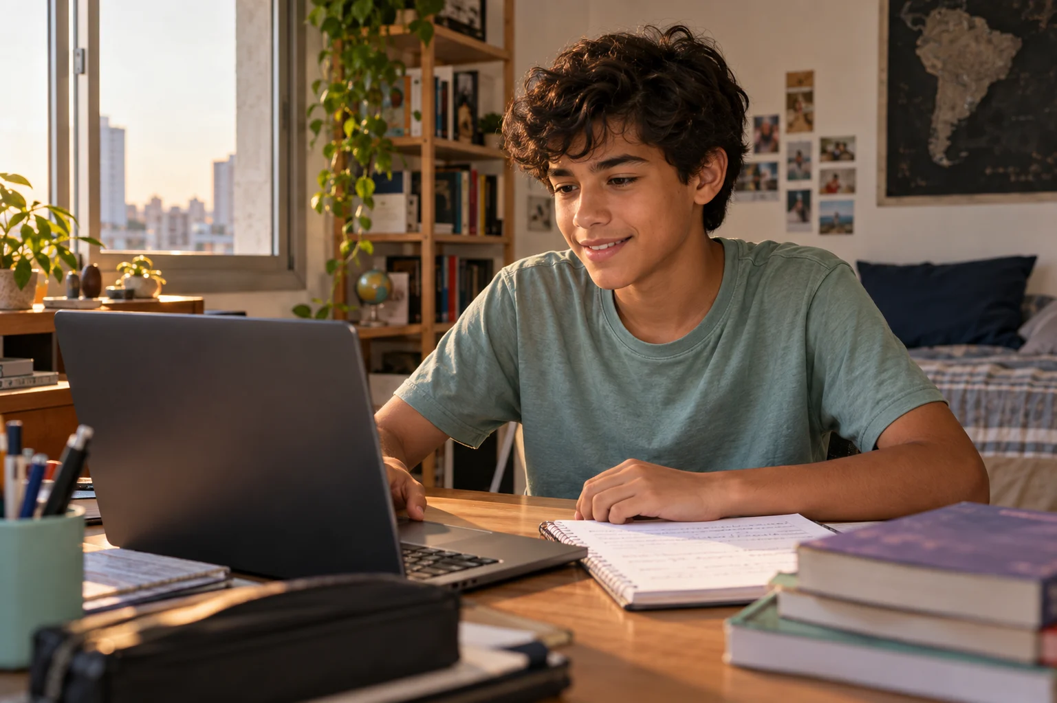 Adolescente sorrindo enquanto estuda com caderno e computador